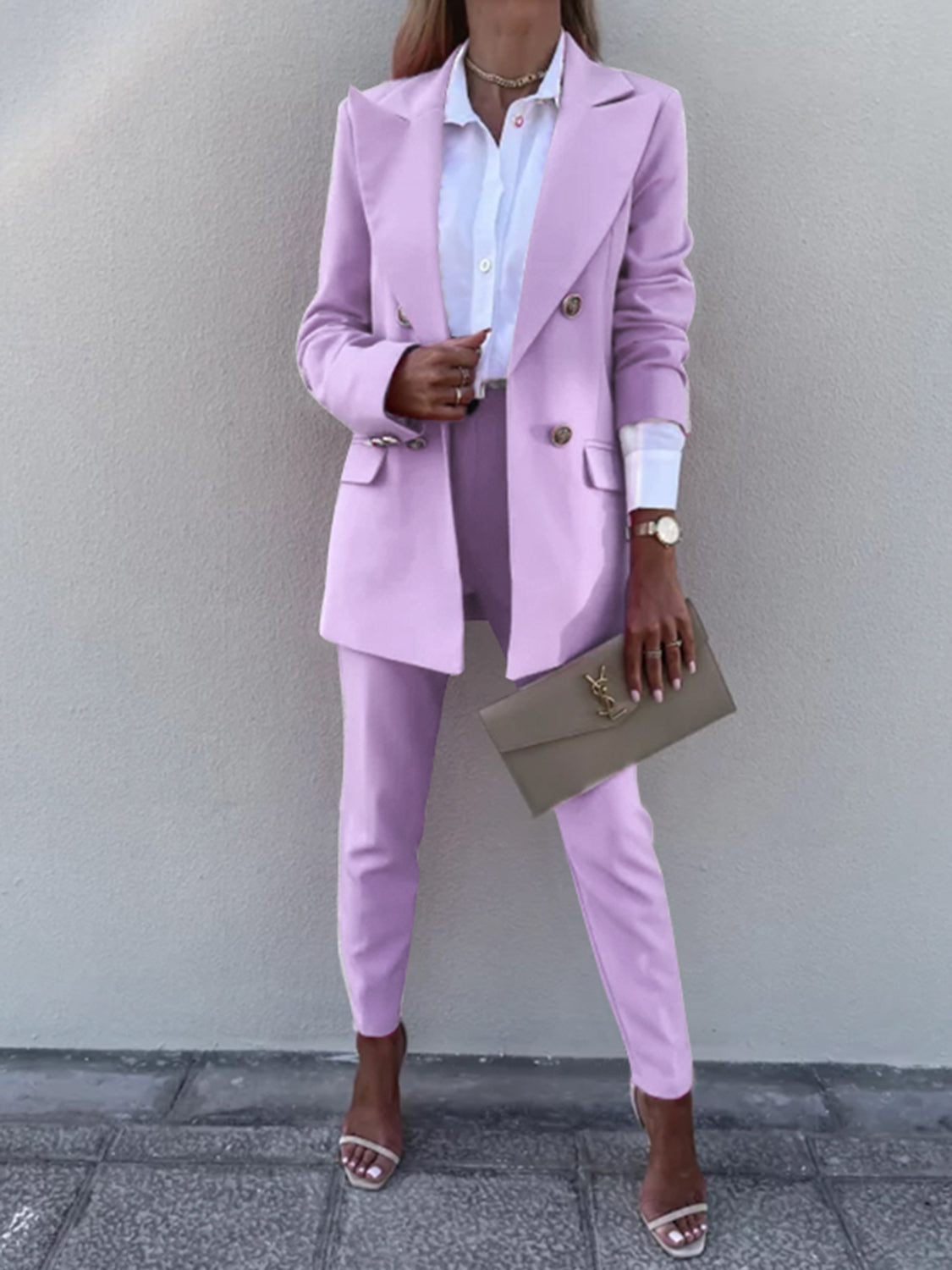 Lapel Collar Long Sleeve Blazer and Pants Set – Elegant Workwear Style