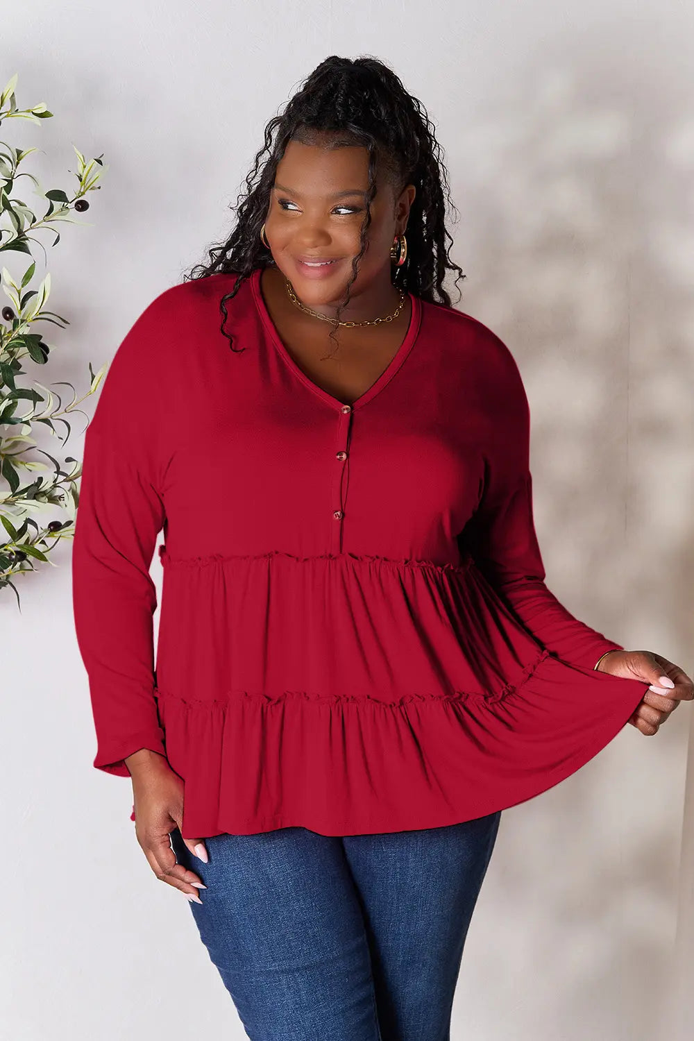 Double Take Half Button Long Sleeve Ruffle Hem Blouse | CentPrime