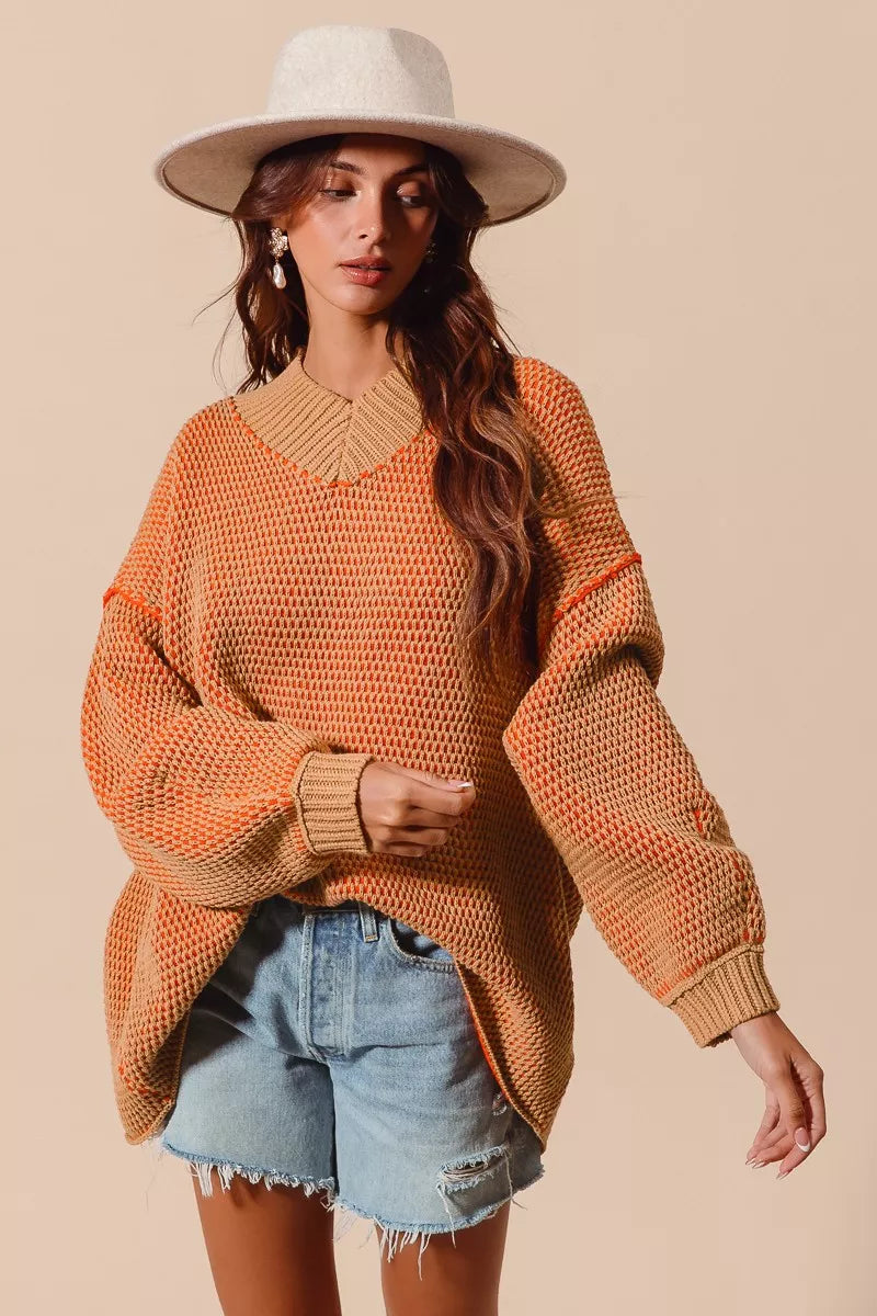 SO ME Oversized Two Tone V Neck Sweater | CentPrime Fashion
