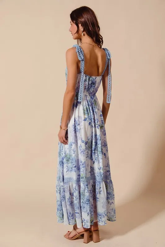 Floral Print Flowy Maxi Dress with Lace Ribbon Tie – Elegant Style