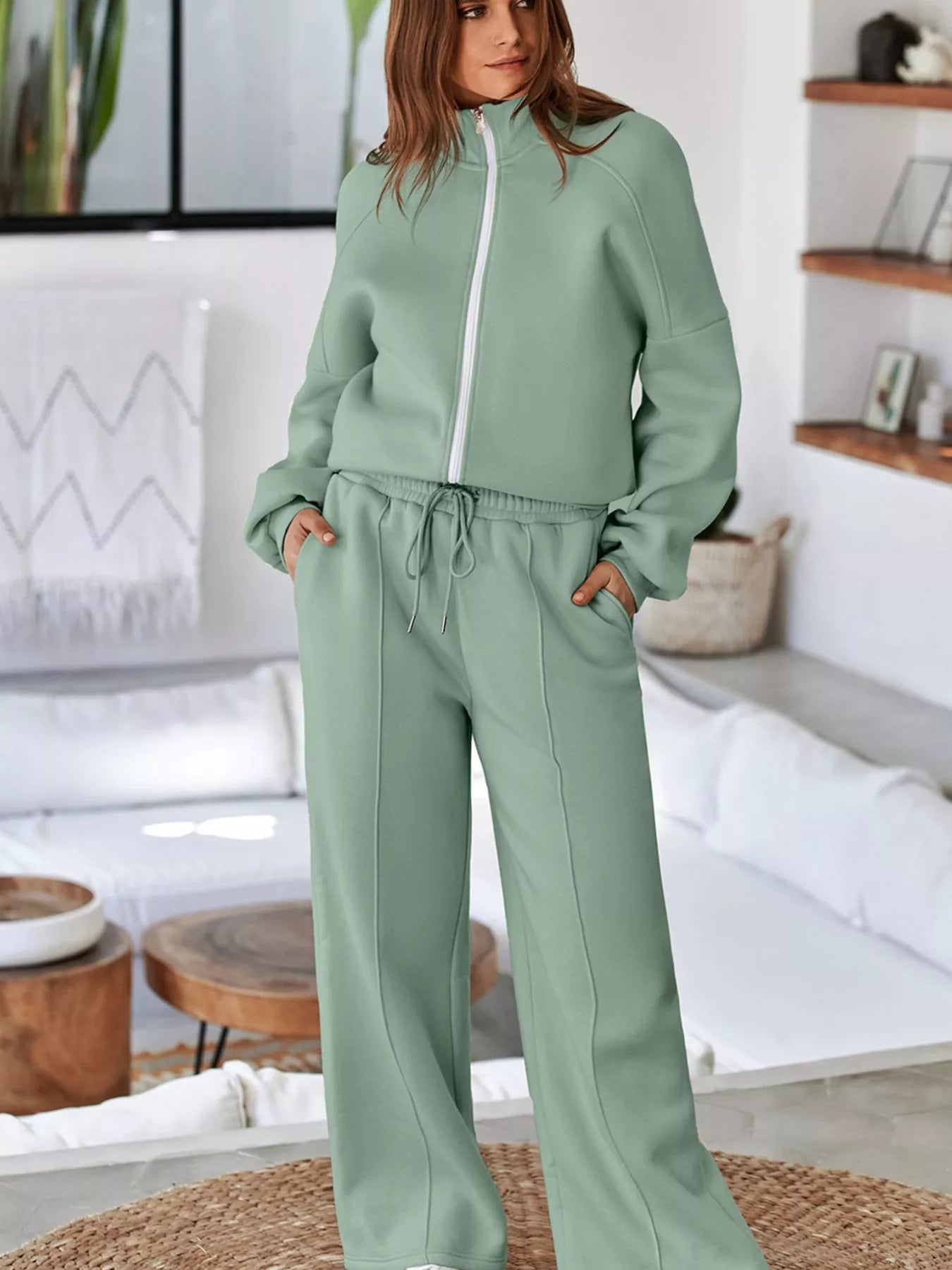 Drop Shoulder Zip Up Jacket & Drawstring Pants Set Activewear