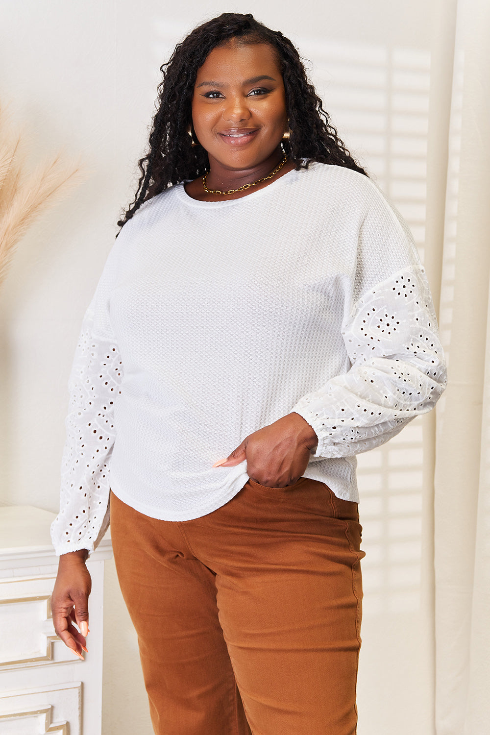 Shiny Eyelet Dropped Shoulder Round Neck Blouse | CentPrime