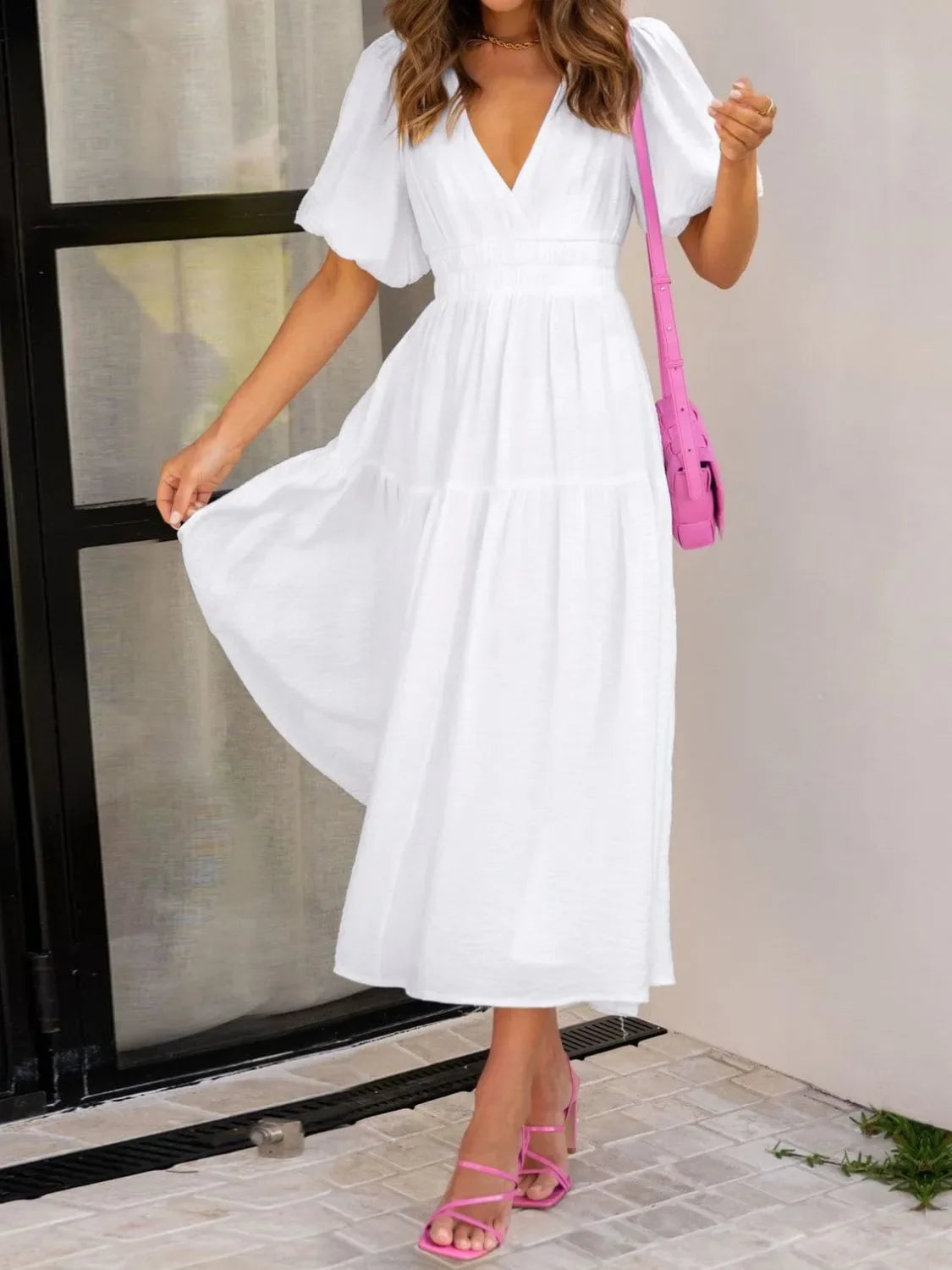 V-Neck Puff Sleeve Midi Dress | Elegant Styles at CentPrime