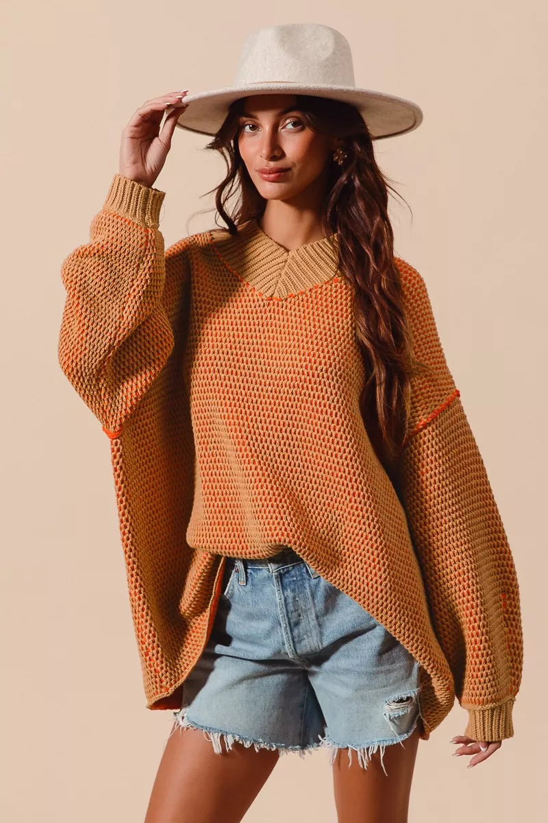 SO ME Oversized Two Tone V Neck Sweater | CentPrime Fashion