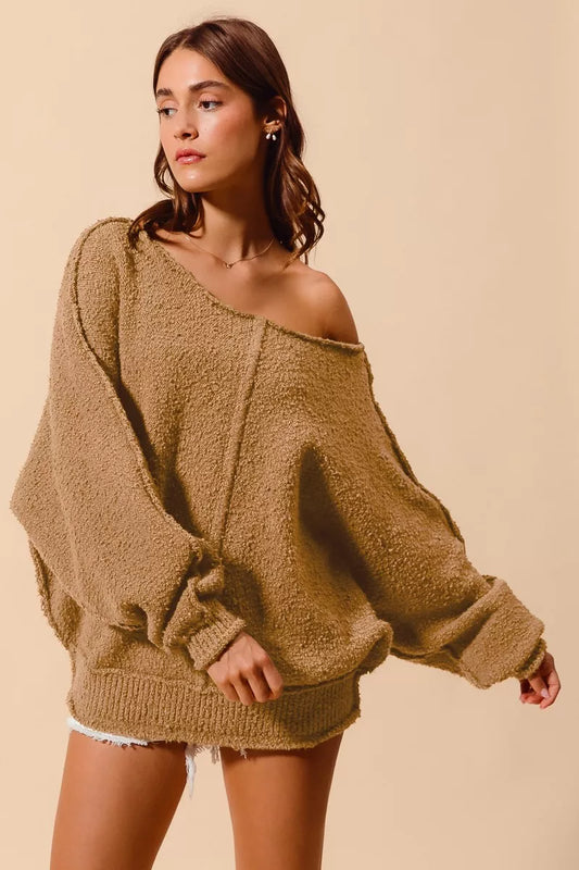 Loose Fit Exposed Seam Sweater by SO ME – Slouchy Boucle Style