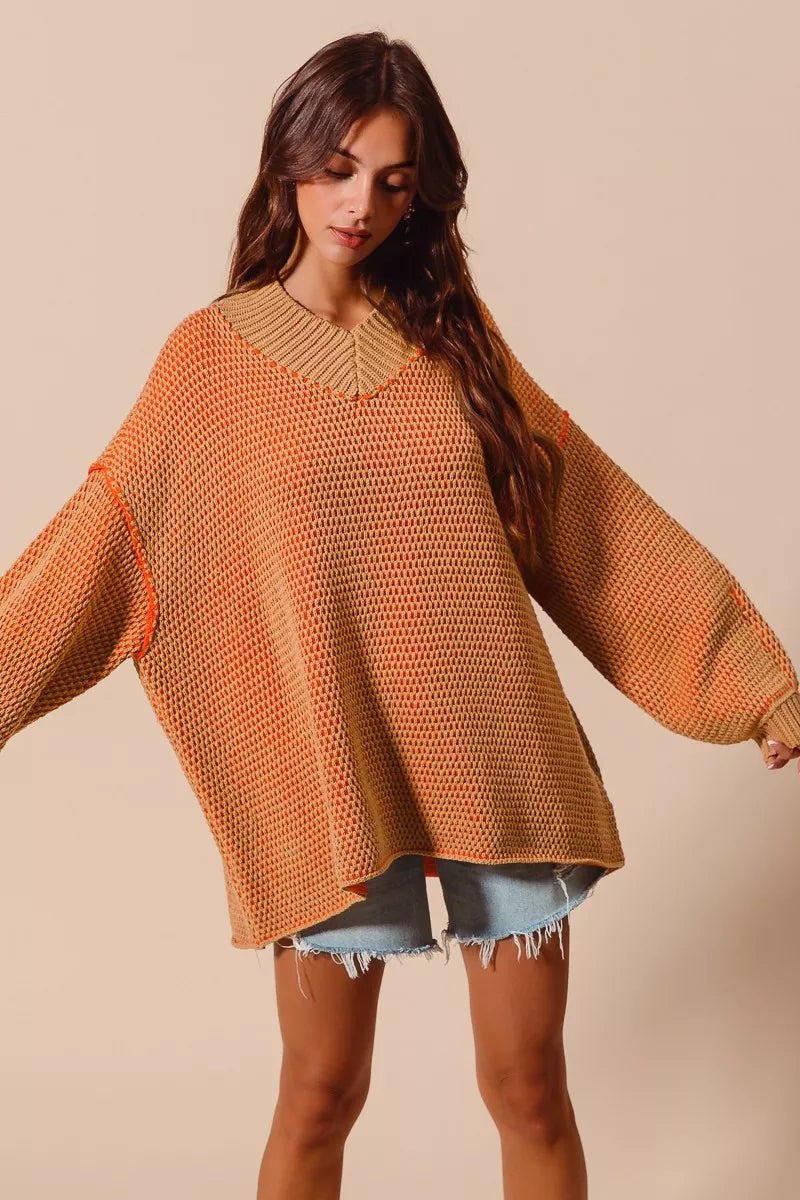 SO ME Oversized Two Tone V Neck Sweater | CentPrime Fashion