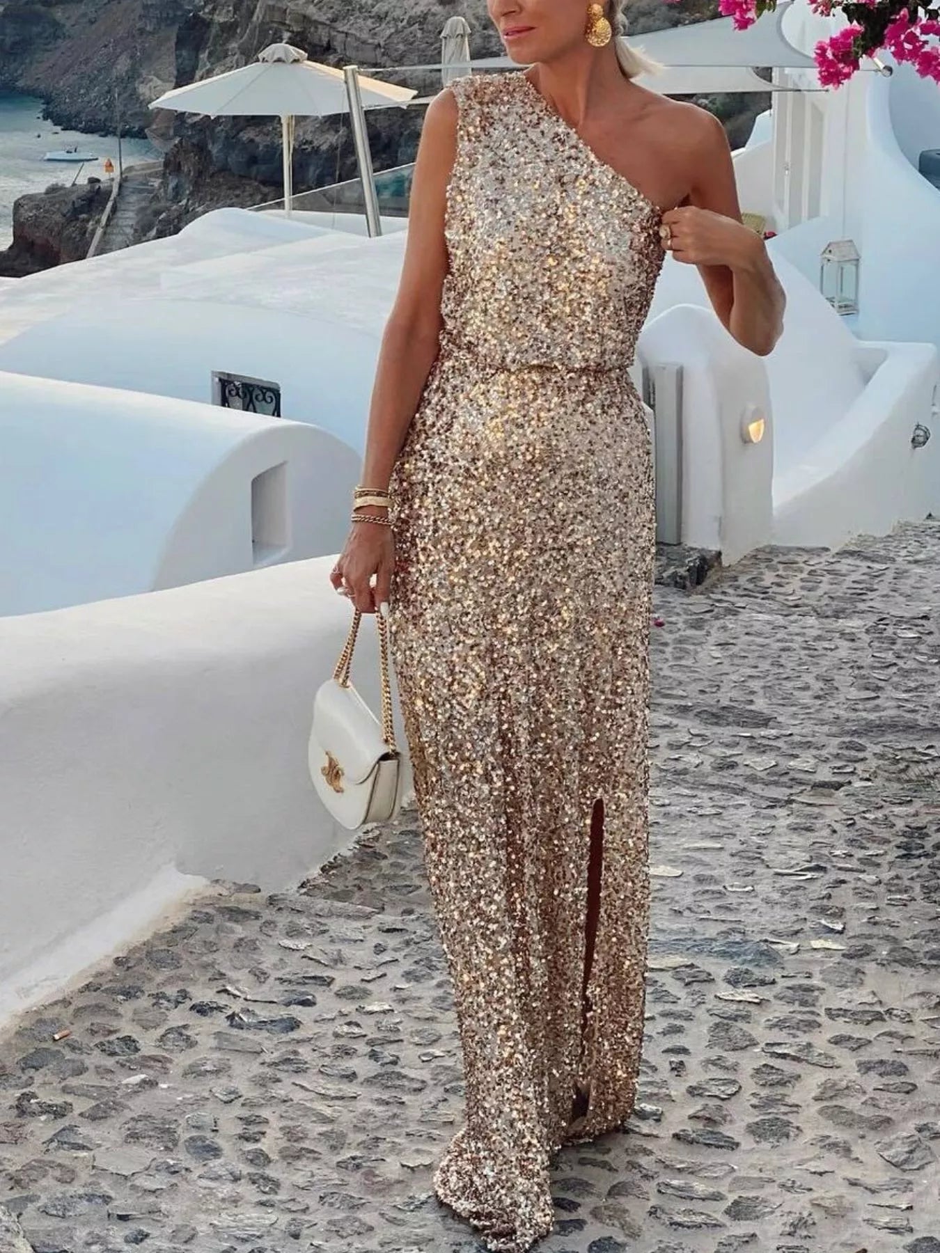 Sequin One-Shoulder Slit Maxi Dress – Elegant Glamorous Evening Wear