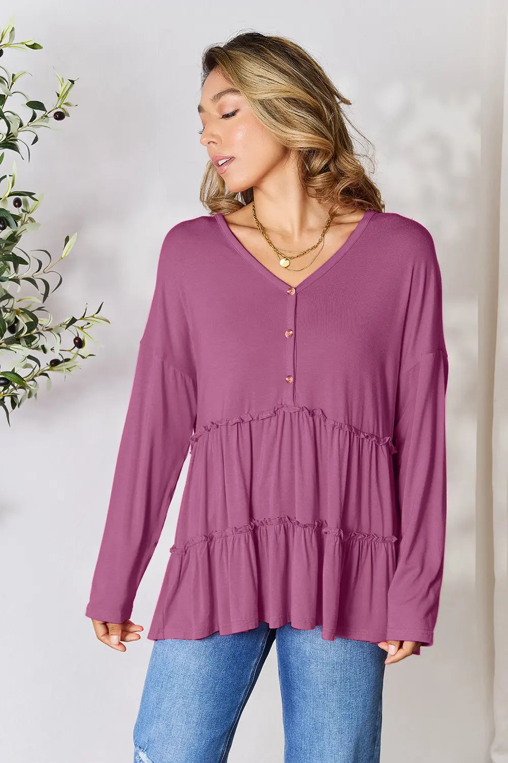 Double Take Half Button Long Sleeve Ruffle Hem Blouse | CentPrime
