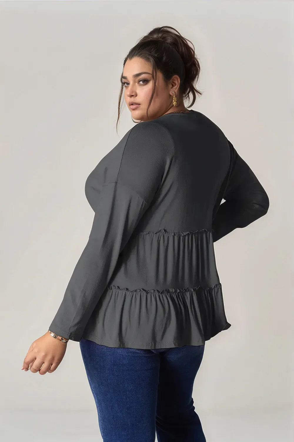 Double Take Half Button Long Sleeve Ruffle Hem Blouse | CentPrime
