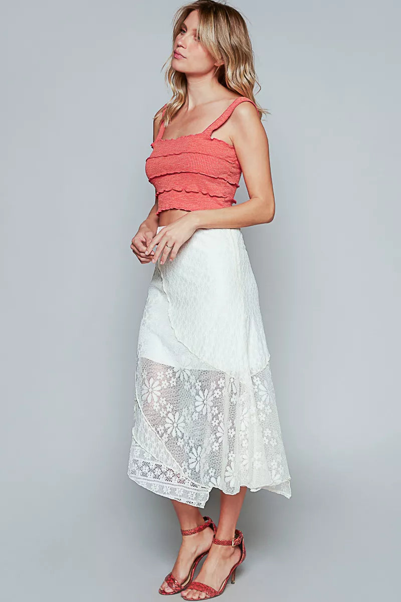 POL Ruffled Floral Lace Skirt with Unbalanced Hem – Elegant Style