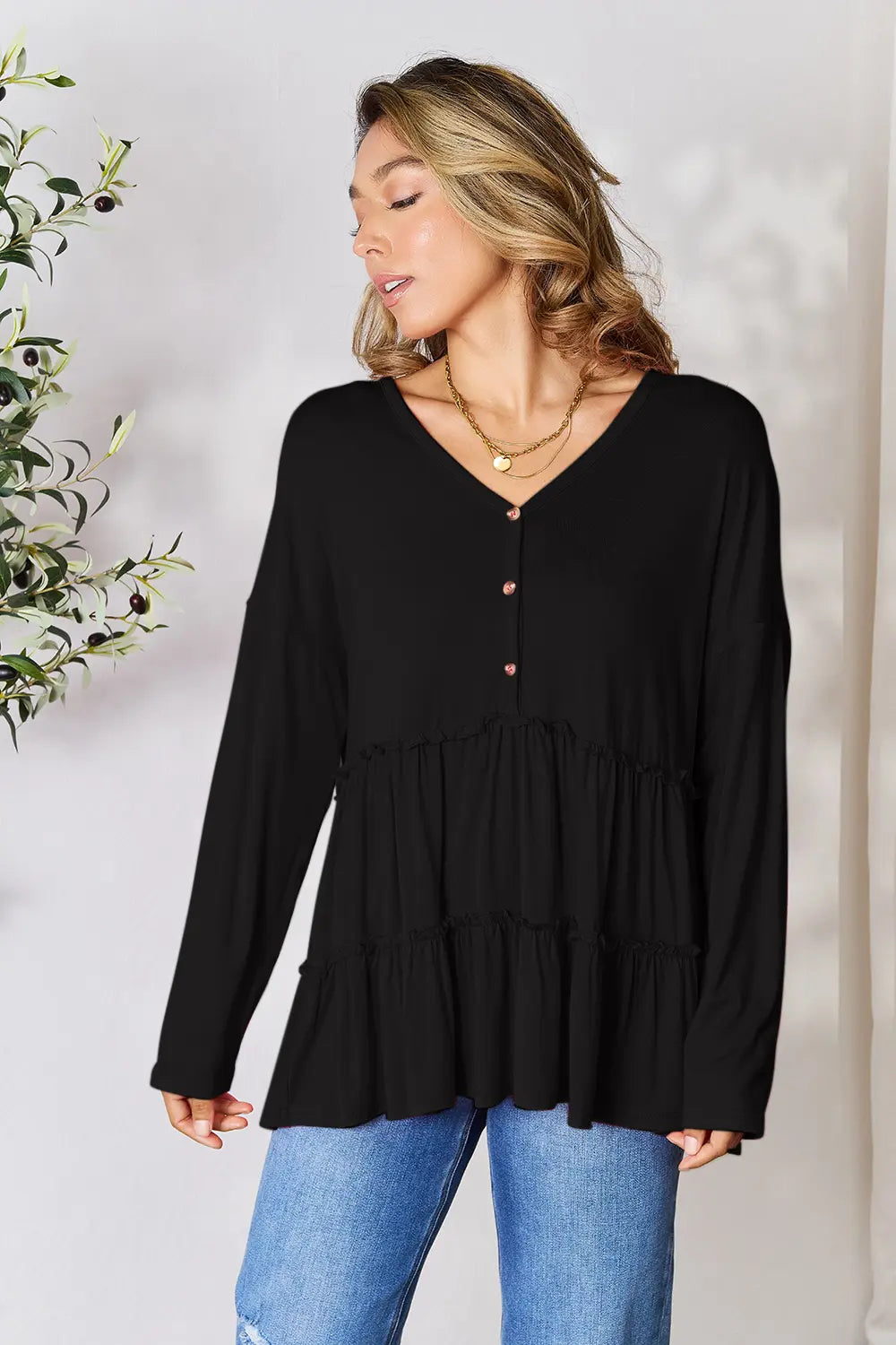 Double Take Half Button Long Sleeve Ruffle Hem Blouse | CentPrime