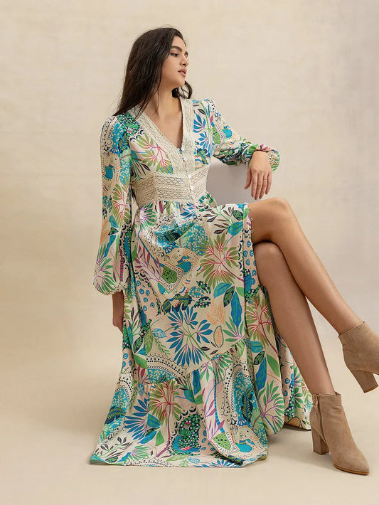 Slit Printed V-Neck Dress – Stylish & Breezy for Any Occasion