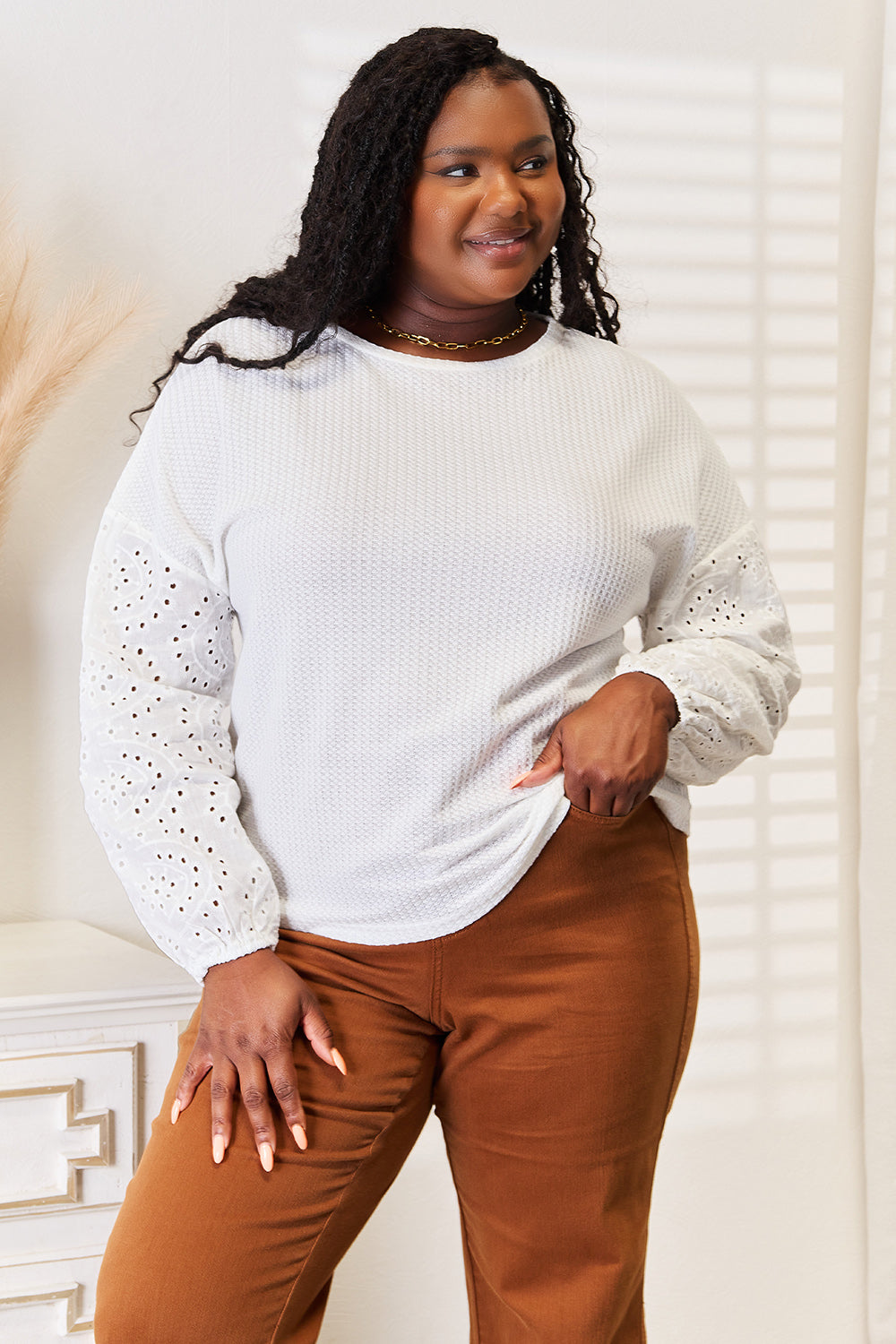 Shiny Eyelet Dropped Shoulder Round Neck Blouse | CentPrime