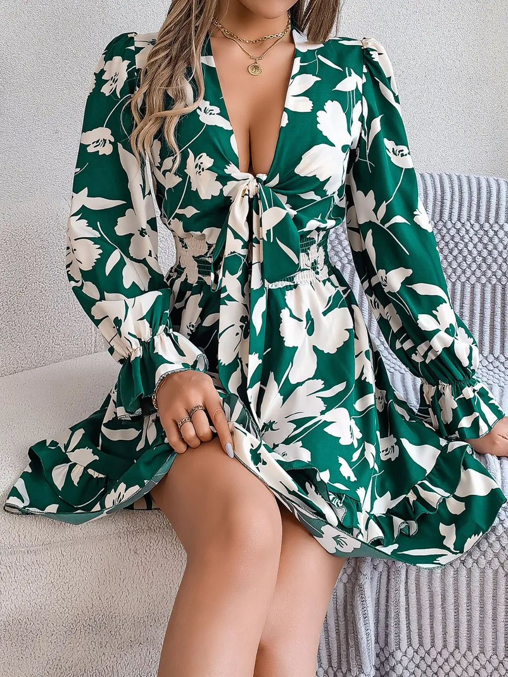 Tied Ruffled Printed Long Sleeve Dress – Shop Now