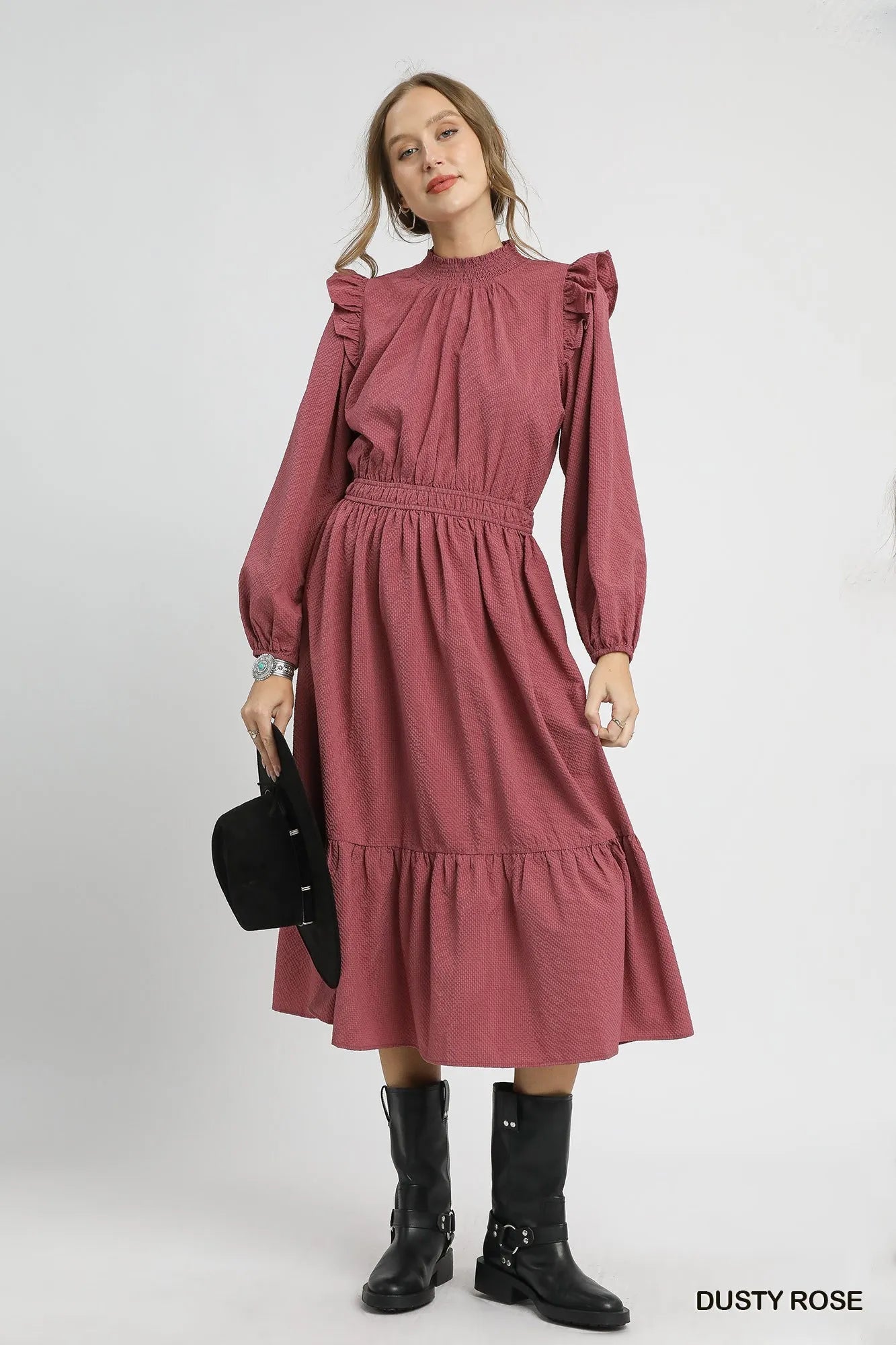 Textured Midi Dress with Ruffle Shoulder Detail by Umgee – Elegant