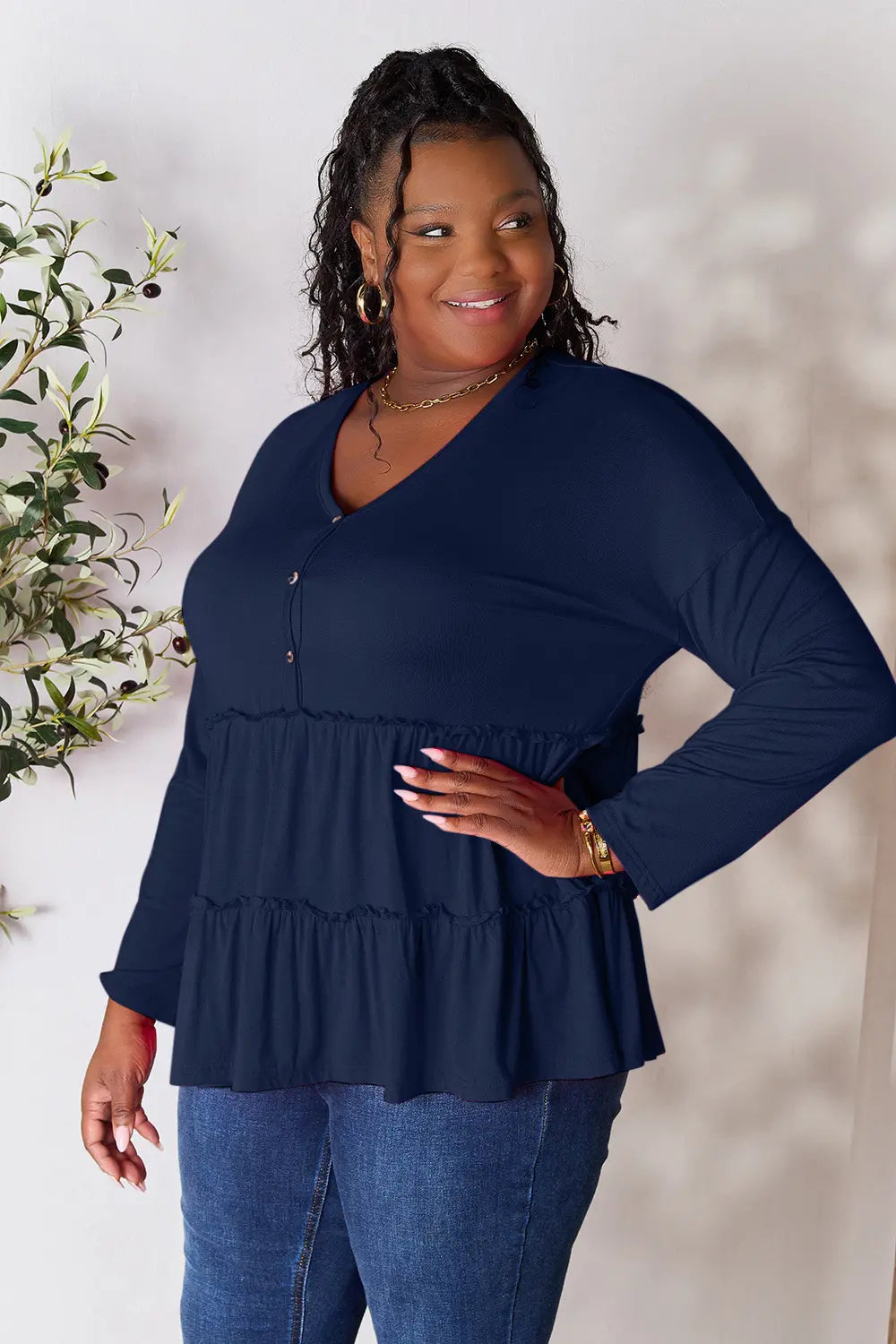 Double Take Half Button Long Sleeve Ruffle Hem Blouse | CentPrime