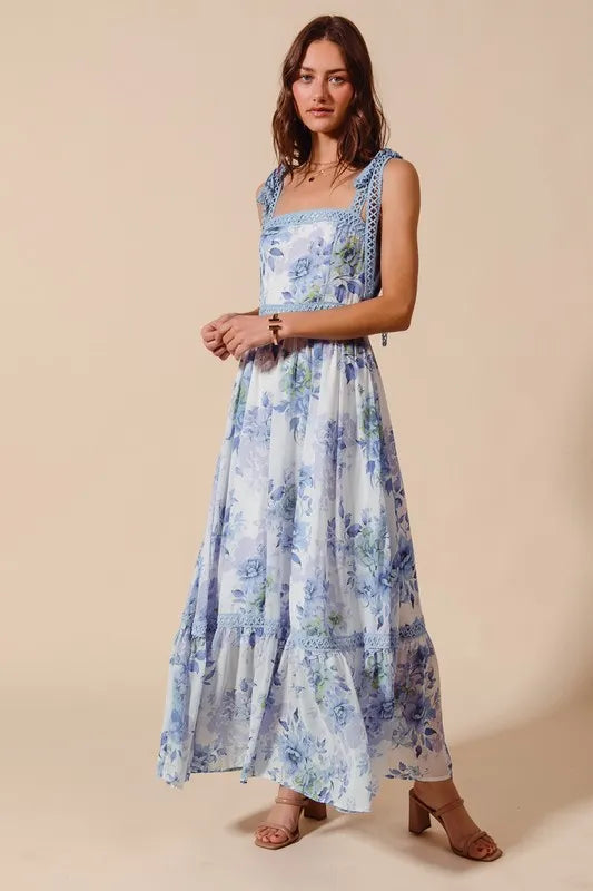 Floral Print Flowy Maxi Dress with Lace Ribbon Tie – Elegant Style