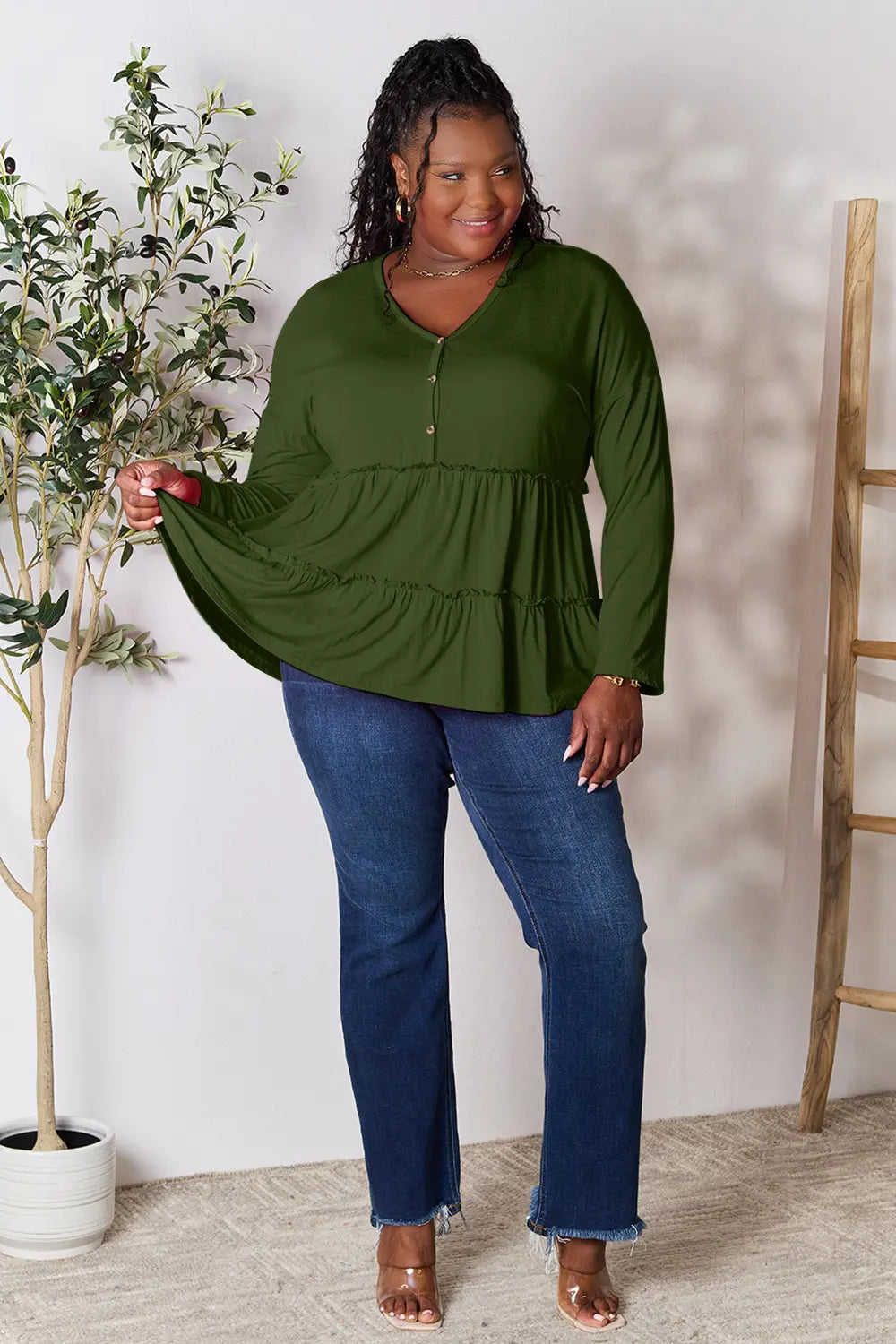 Double Take Half Button Long Sleeve Ruffle Hem Blouse | CentPrime