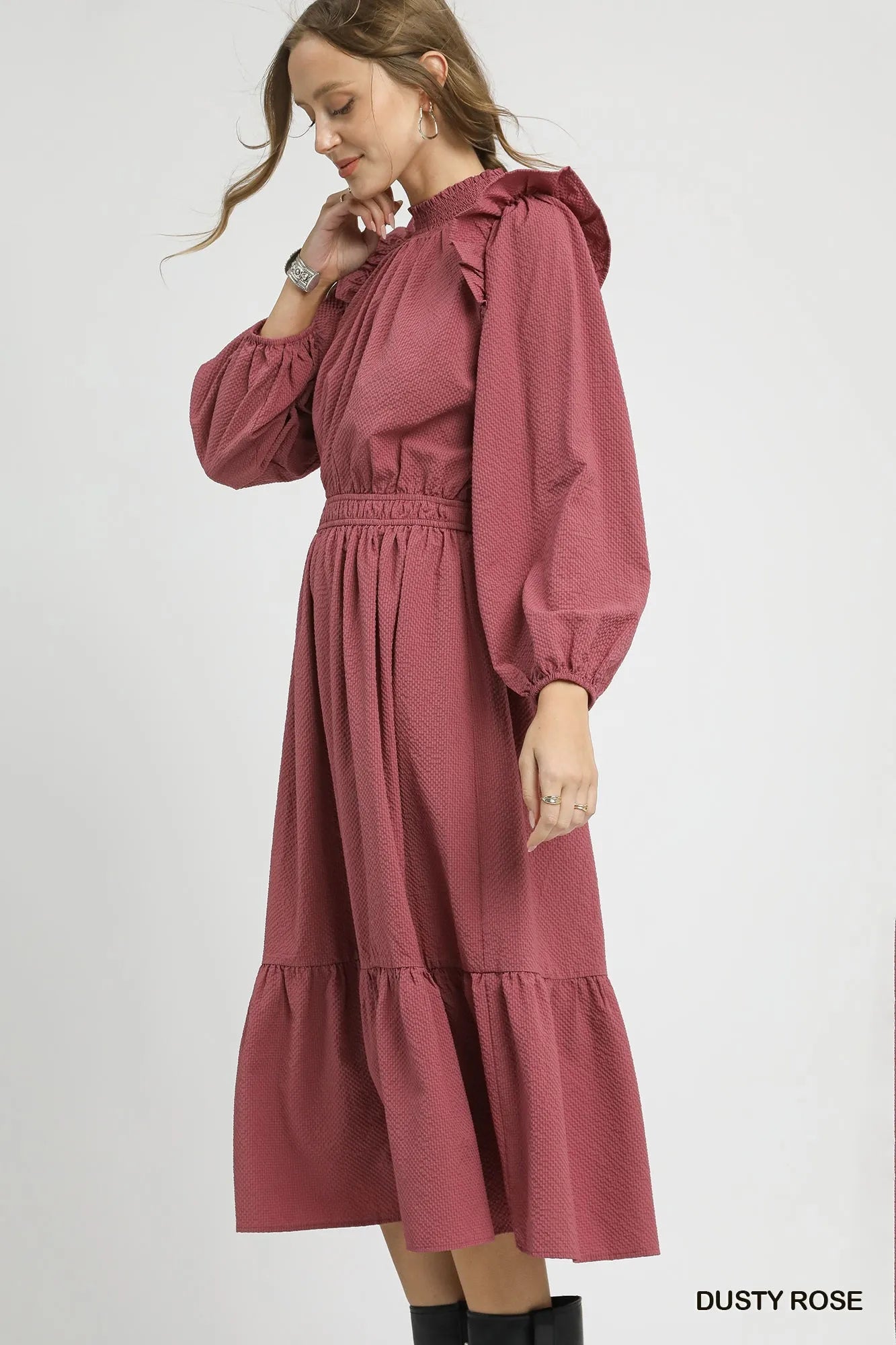 Textured Midi Dress with Ruffle Shoulder Detail by Umgee – Elegant