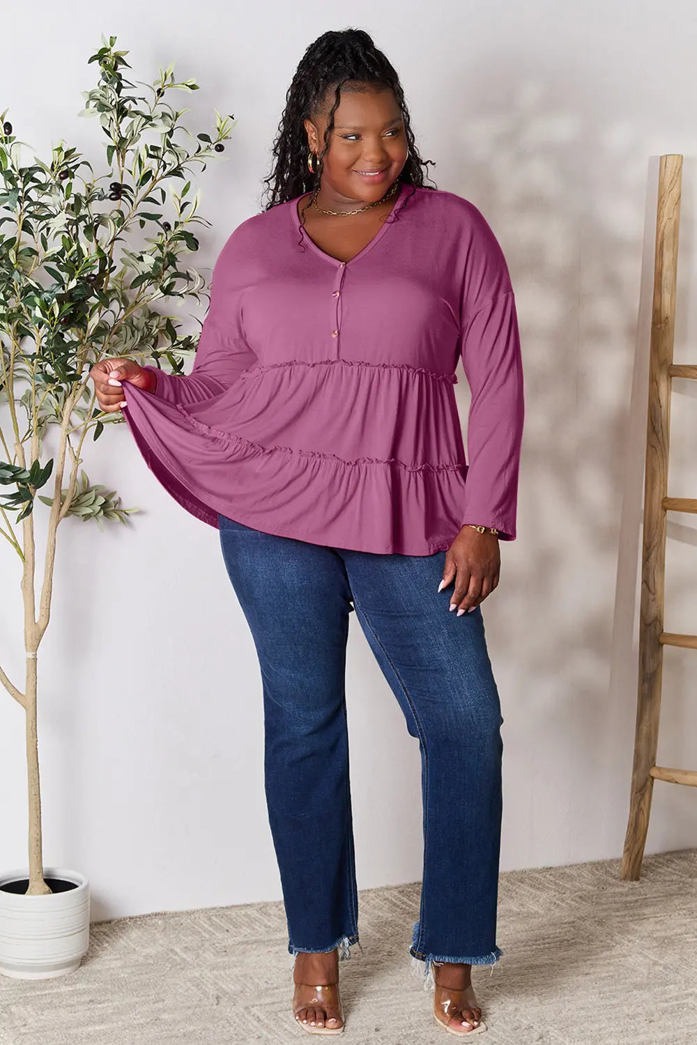 Double Take Half Button Long Sleeve Ruffle Hem Blouse | CentPrime