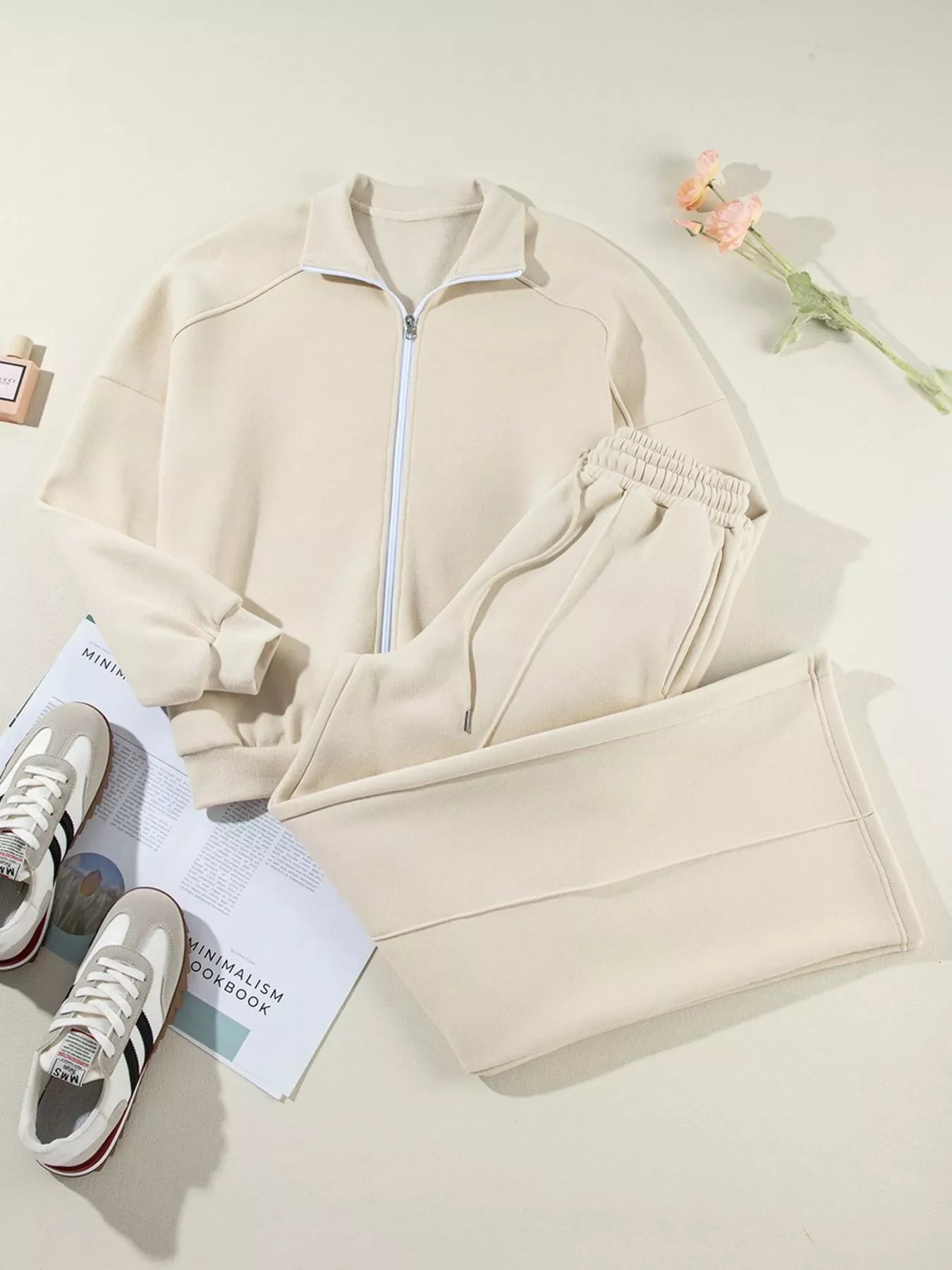 Drop Shoulder Zip Up Jacket & Drawstring Pants Set Activewear
