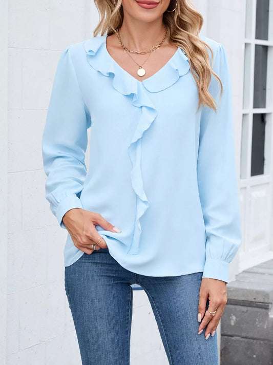 Ruffled V-Neck Long Sleeve Blouse | Elegant Women’s Fashion Top
