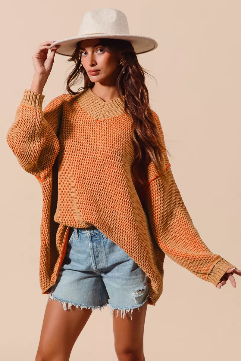 SO ME Oversized Two Tone V Neck Sweater | CentPrime Fashion