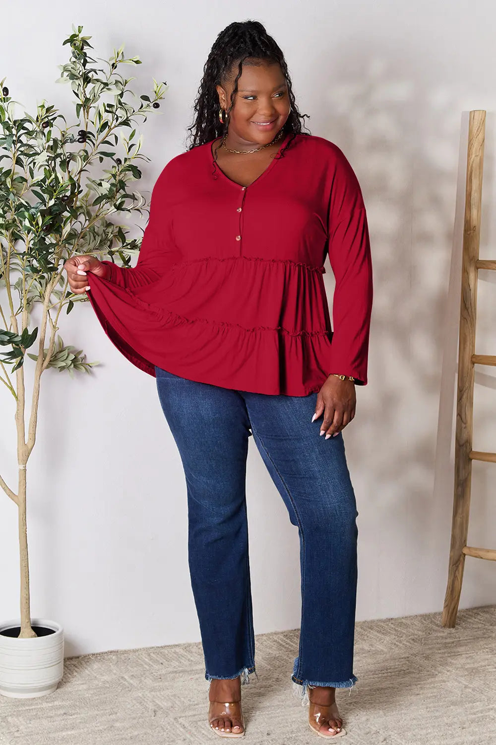 Double Take Half Button Long Sleeve Ruffle Hem Blouse | CentPrime