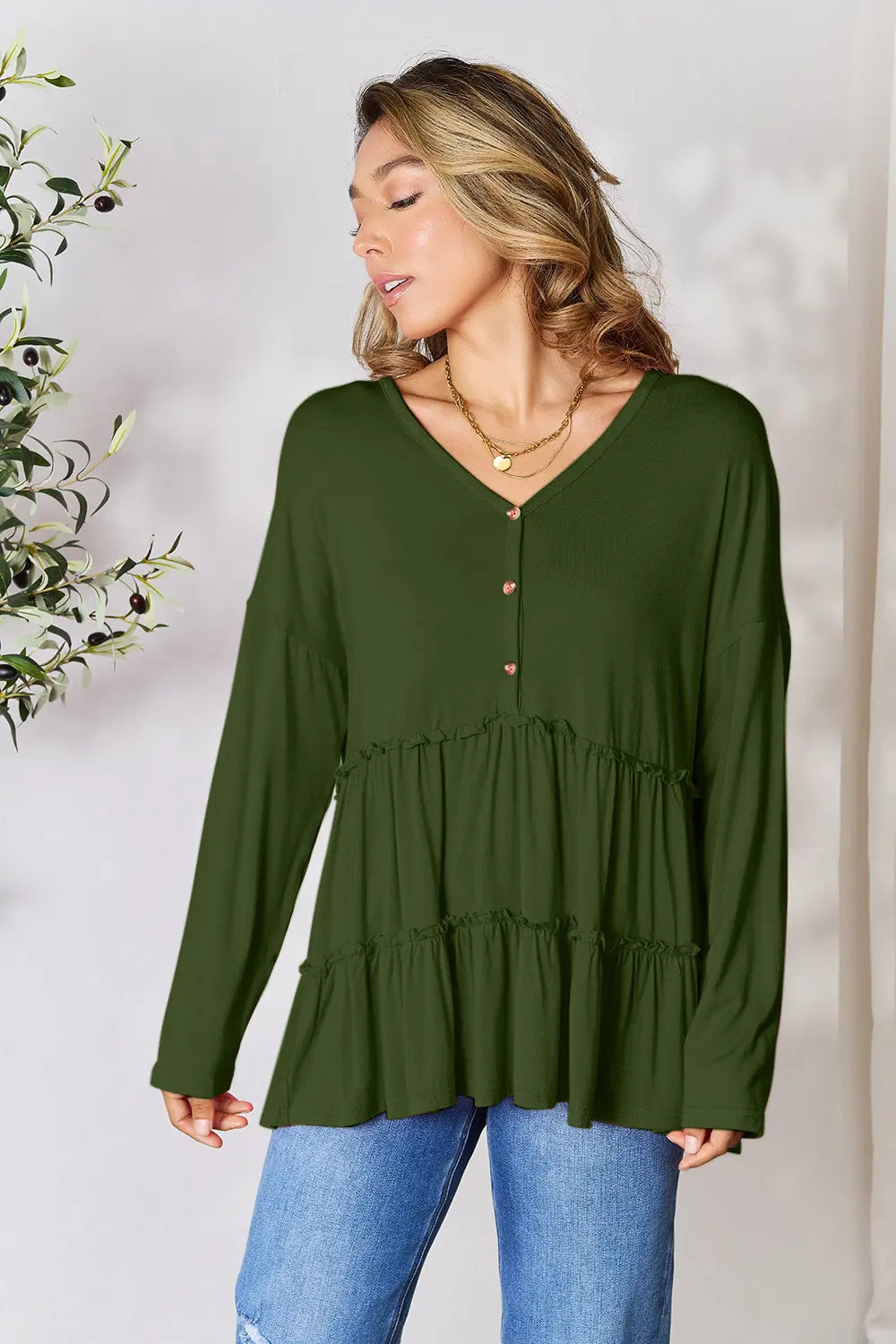 Double Take Half Button Long Sleeve Ruffle Hem Blouse | CentPrime