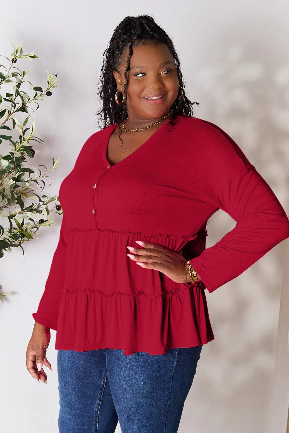 Double Take Half Button Long Sleeve Ruffle Hem Blouse | CentPrime