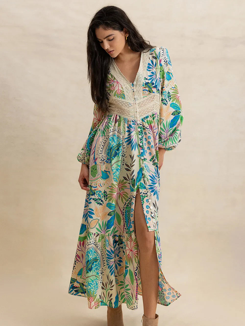 Slit Printed V-Neck Dress – Stylish & Breezy for Any Occasion