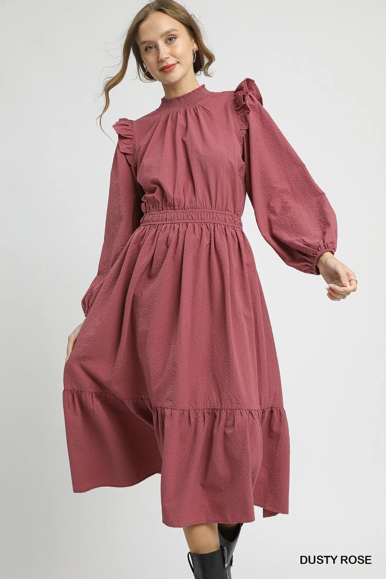 Textured Midi Dress with Ruffle Shoulder Detail by Umgee – Elegant