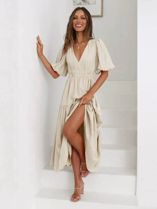Tiered Surplice Midi Dress | Half Sleeve Elegant Styles at CentPrime