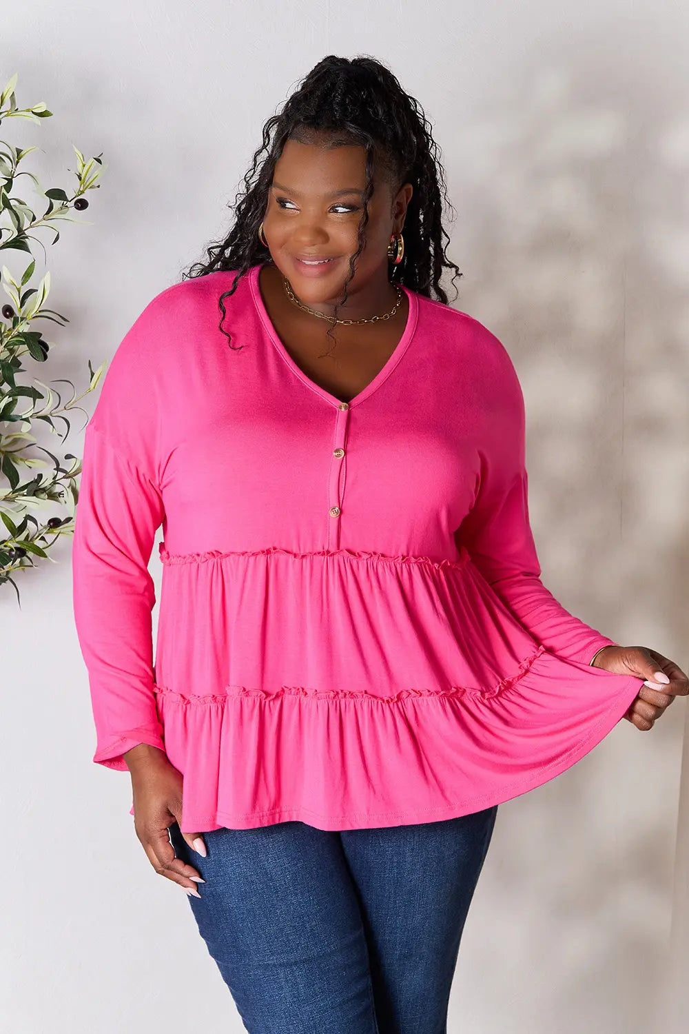 Double Take Half Button Long Sleeve Ruffle Hem Blouse | CentPrime