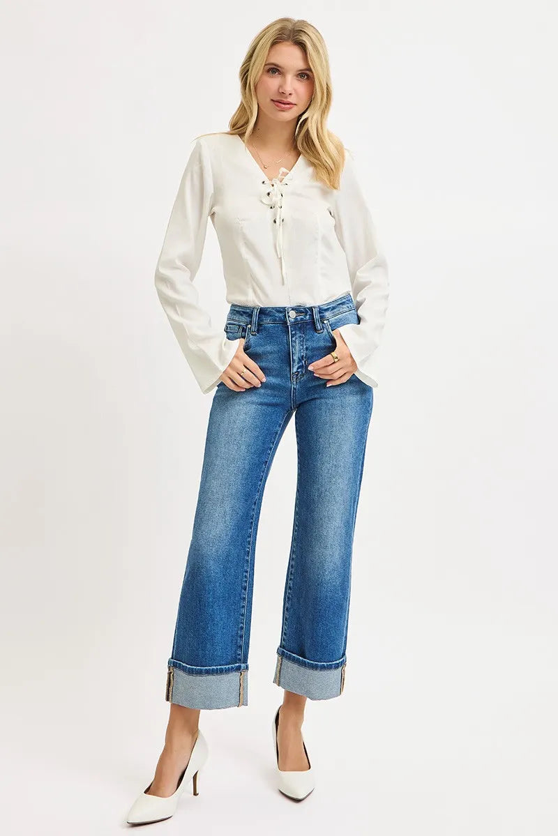 Mid Rise Crop Full Size Mid Rise Crop Straight Cuffed Jeans Plus Size