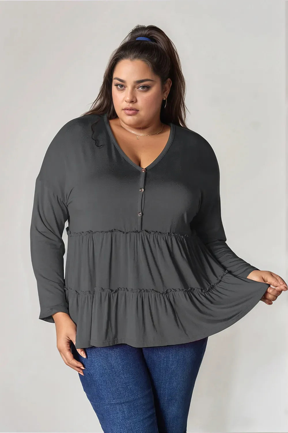 Double Take Half Button Long Sleeve Ruffle Hem Blouse | CentPrime