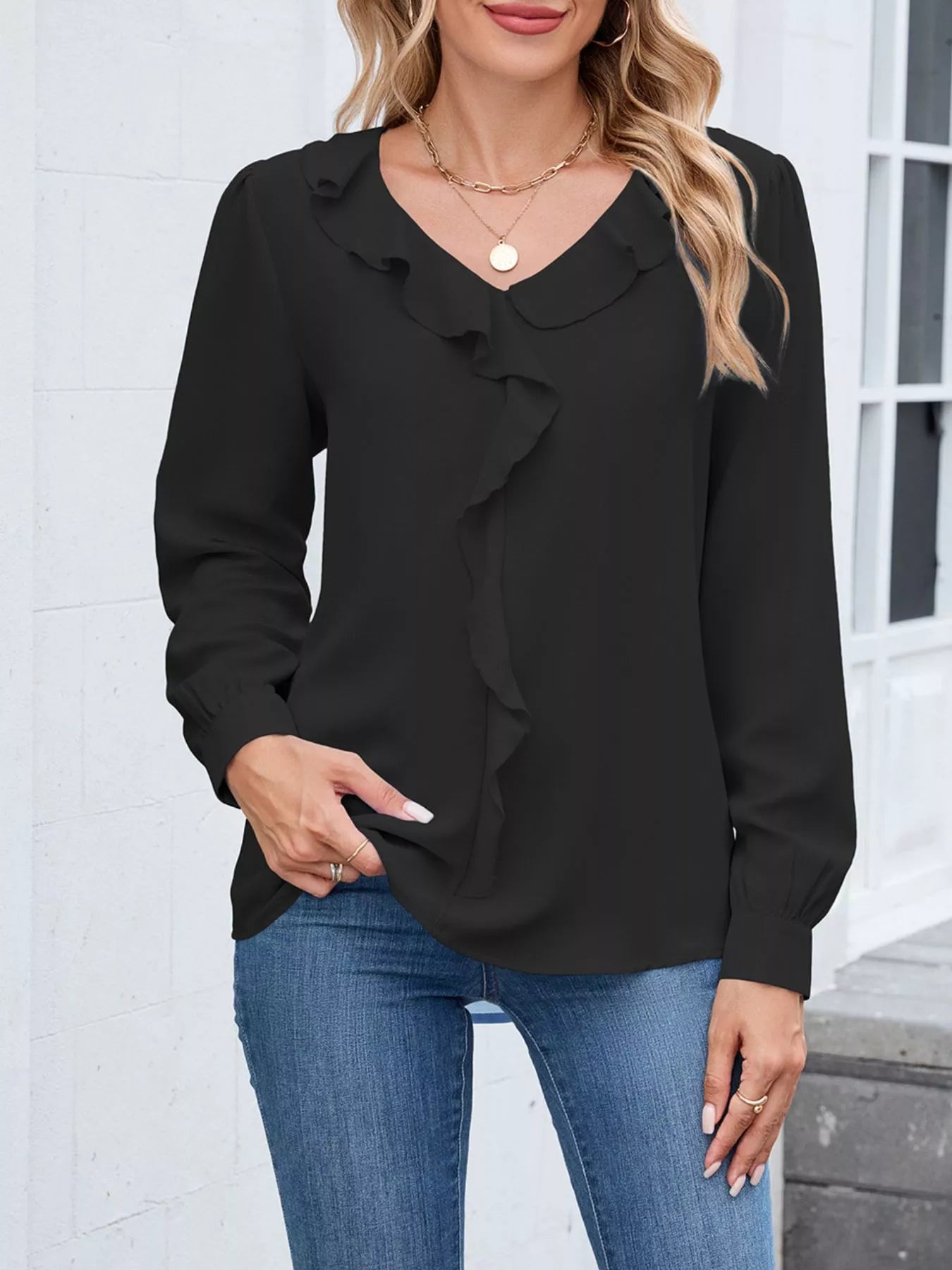 Ruffled V-Neck Long Sleeve Blouse | Elegant Women’s Fashion Top
