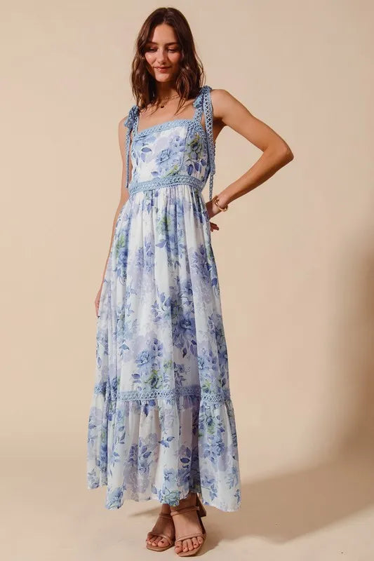 Floral Print Flowy Maxi Dress with Lace Ribbon Tie – Elegant Style