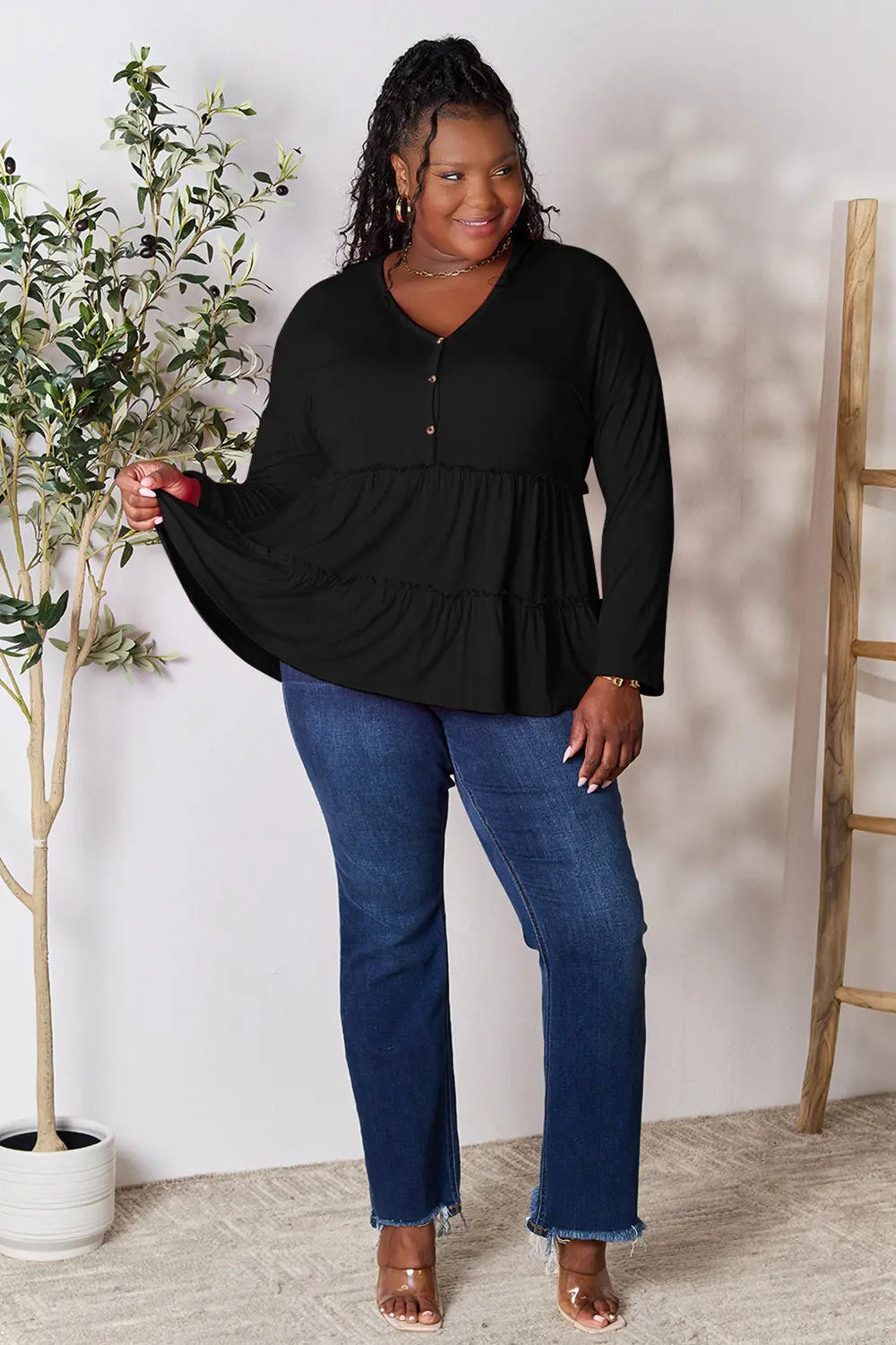 Double Take Half Button Long Sleeve Ruffle Hem Blouse | CentPrime