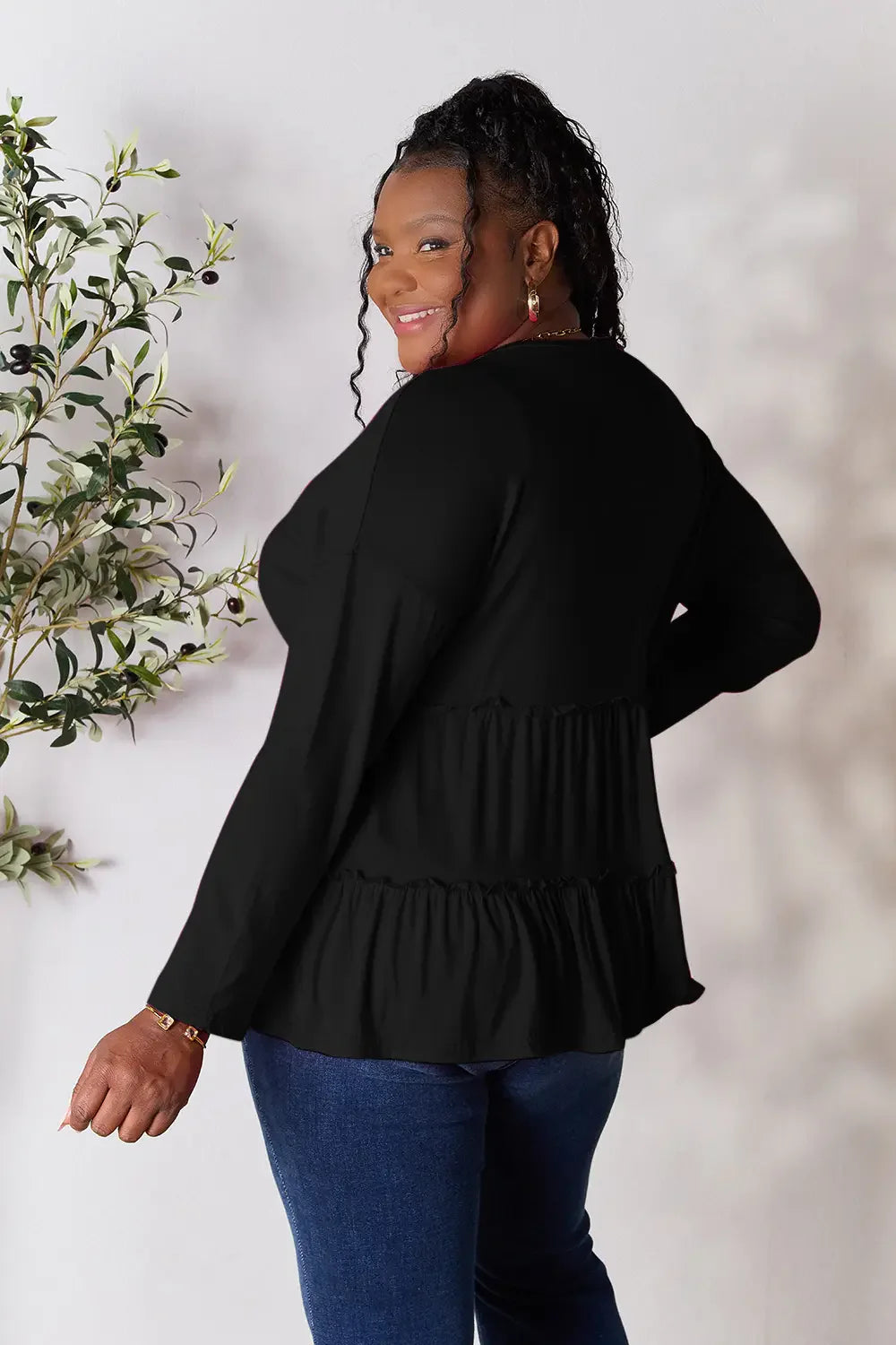 Double Take Half Button Long Sleeve Ruffle Hem Blouse | CentPrime