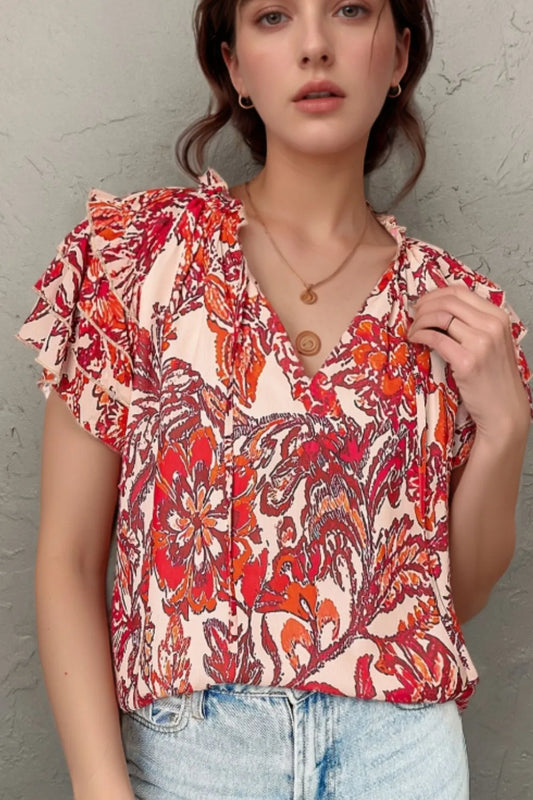 Vintage Floral Ruffle Sleeve V Neck Blouse – Feminine & Elegant Look