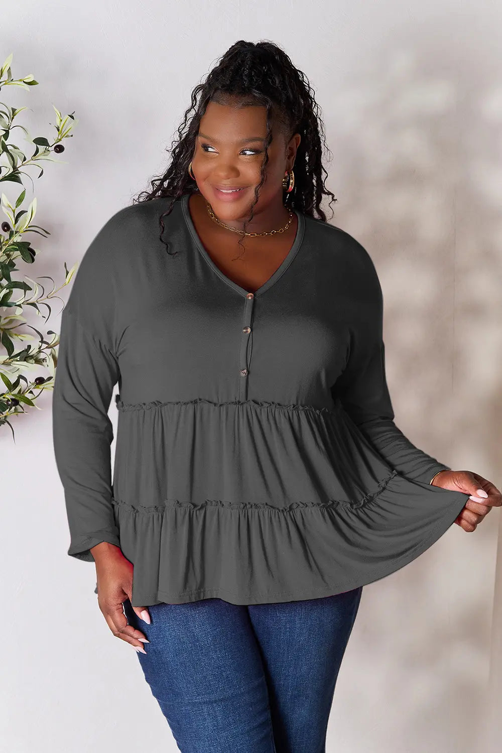 Double Take Half Button Long Sleeve Ruffle Hem Blouse | CentPrime