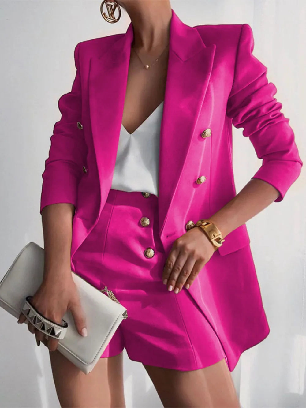 Lapel Collar Long Sleeve Blazer and Shorts Set – Stylish & Versatile Look