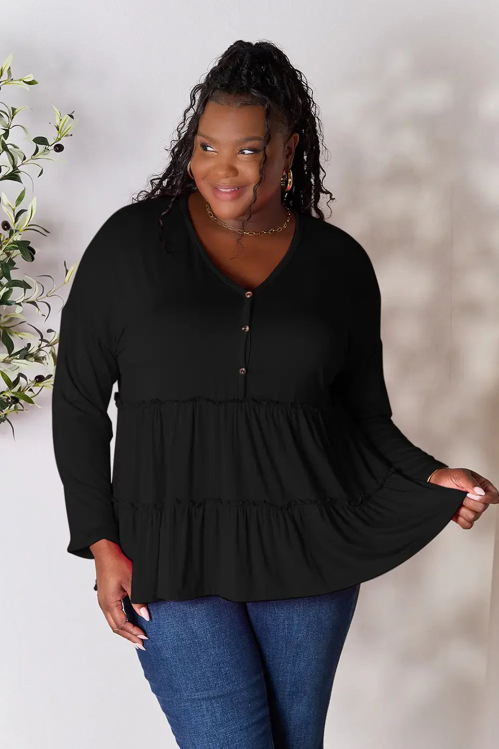 Double Take Half Button Long Sleeve Ruffle Hem Blouse | CentPrime
