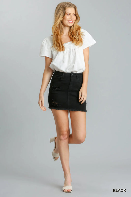 Umgee Distressed Raw Hem High Waist Denim Skirt – Trendy & Stylish