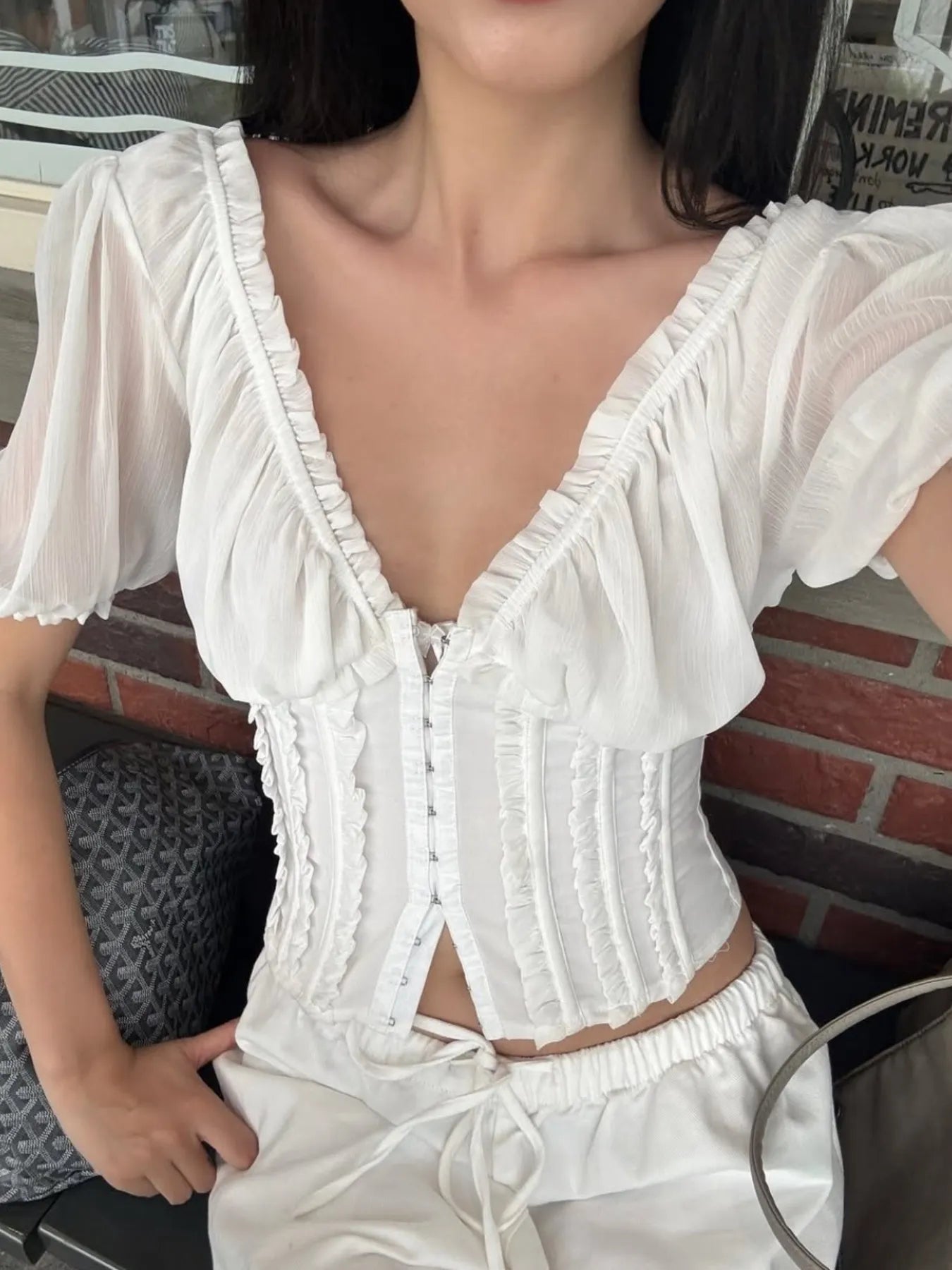 Frill V-Neck Puff Sleeve Blouse | Elegant Women’s Tops at Centprime