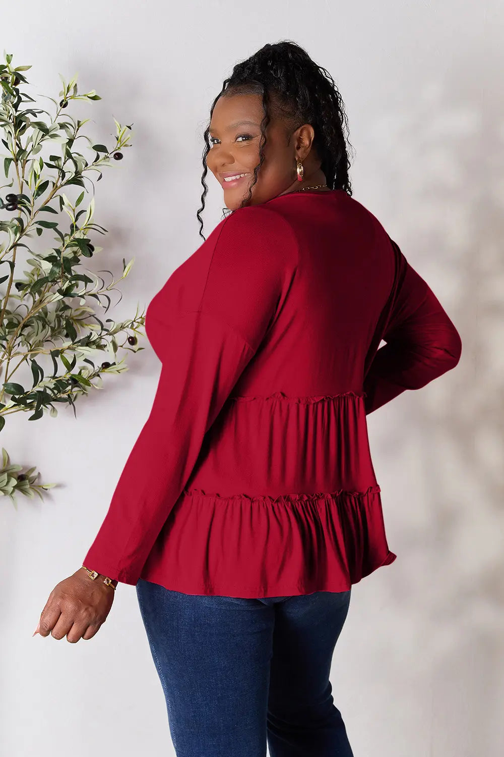 Double Take Half Button Long Sleeve Ruffle Hem Blouse | CentPrime