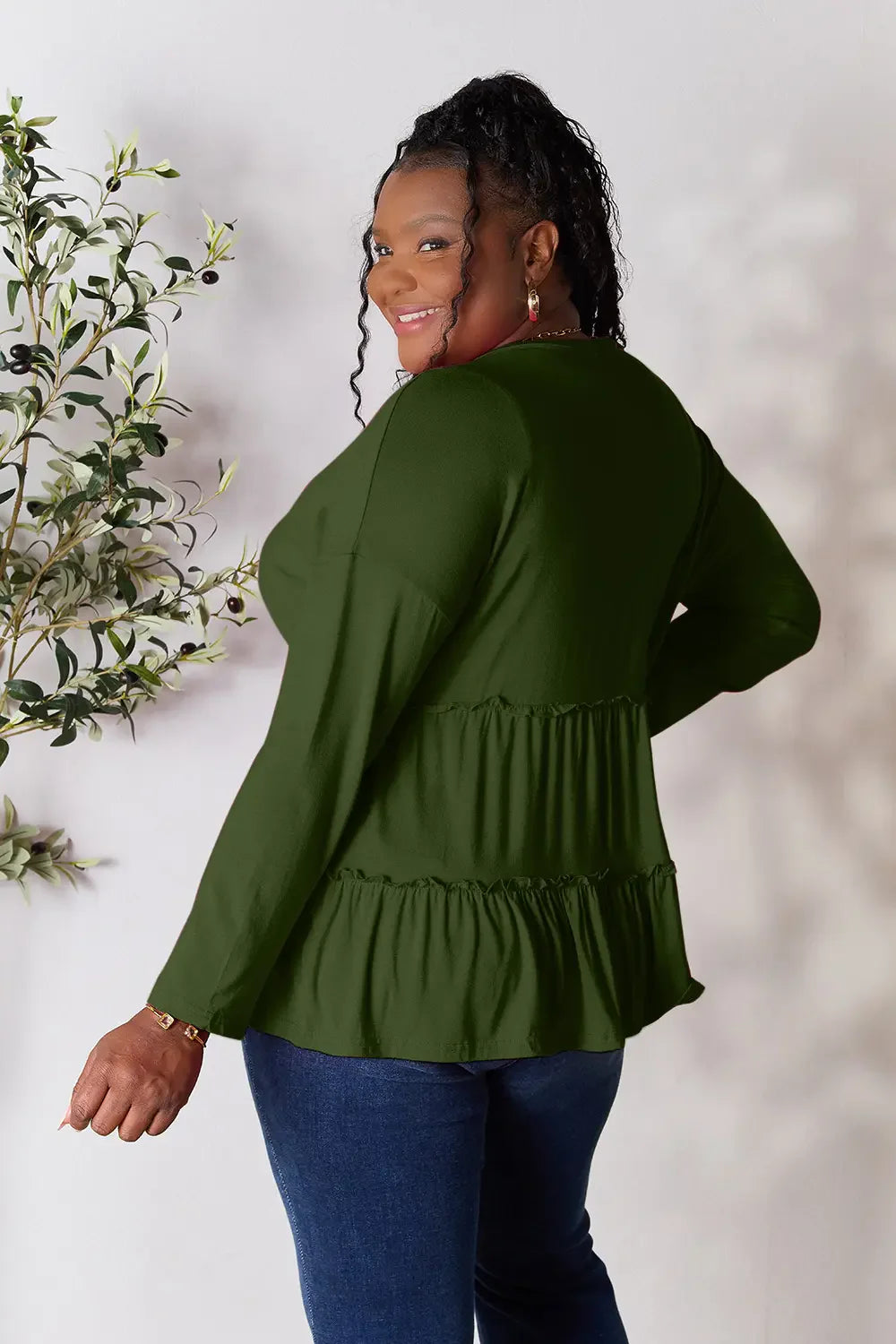 Double Take Half Button Long Sleeve Ruffle Hem Blouse | CentPrime