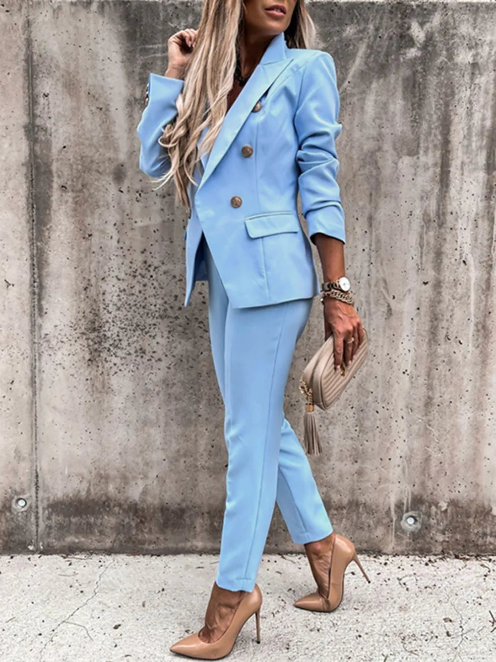 Lapel Collar Long Sleeve Blazer and Pants Set – Elegant Workwear Style