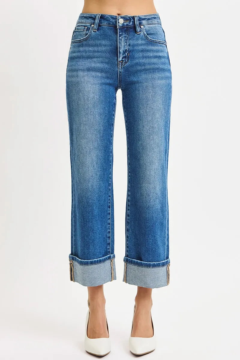 Mid Rise Crop Full Size Mid Rise Crop Straight Cuffed Jeans Plus Size